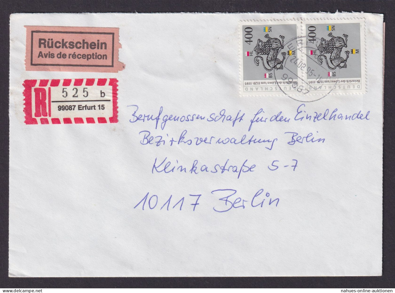 Bund Erfurt R Brief Rückschein Berlin MEF 1805 Heinrich Der Löwe Portogerecht - Storia Postale