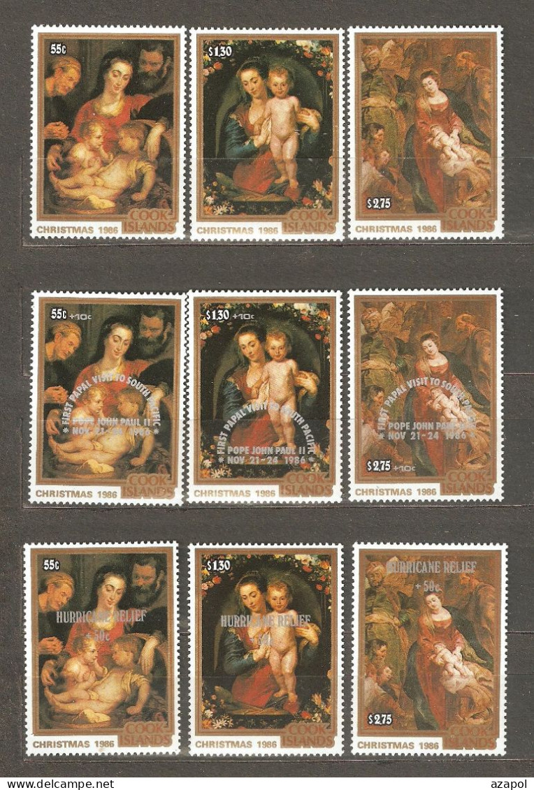 Cook Islands: 3 Sets (2 - With Overprint) Of 3 Mint Stamps, Christmas-Paintings, 1986-7, Mi#1125-7, 1132-4, 1223-5, MNH. - Cookinseln