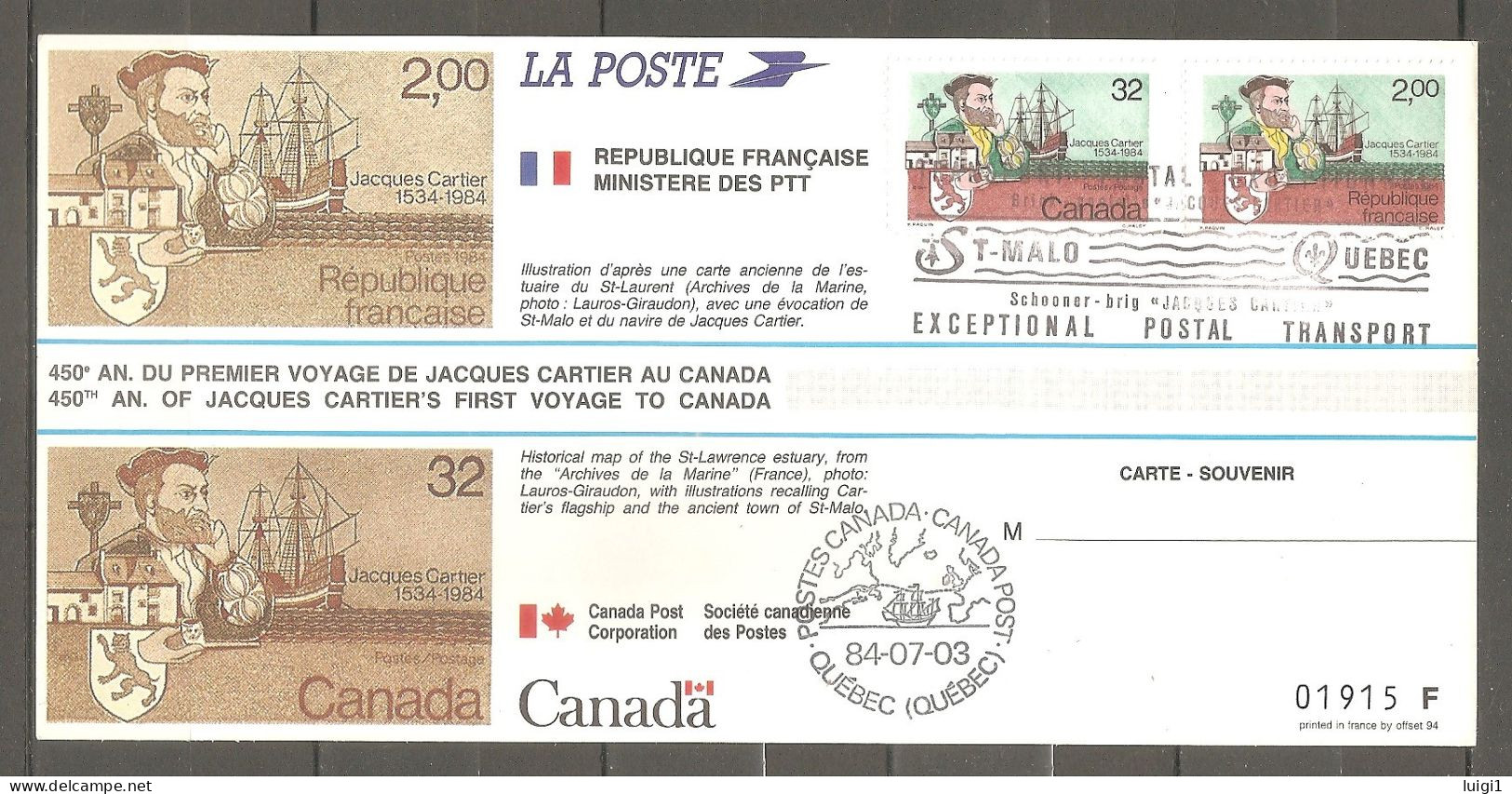 FRANCE 1984. Y&T N° 2307. PAP " Jacques CARTIER ". Emission Commune Franco-canadienne. Enveloppe 1er Jour. TB - Cartas & Documentos