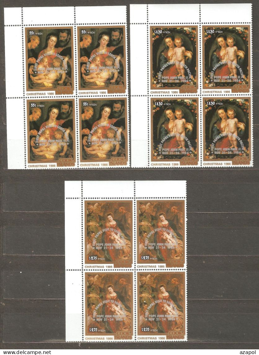 Cook Islands: Full Set Of 3 Mint Stamps In Block Of 4 - Overprint, Christmas-Paintings By Rubens, 1986, Mi#1132-4, MNH. - Cookeilanden