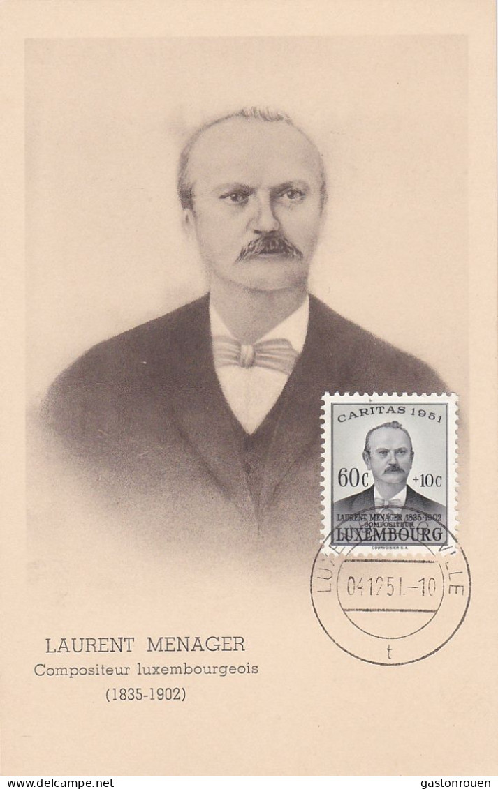 Carte Maximum Luxembourg 1951 Laurent Ménager Musique Music Compositeur - Tarjetas Máxima