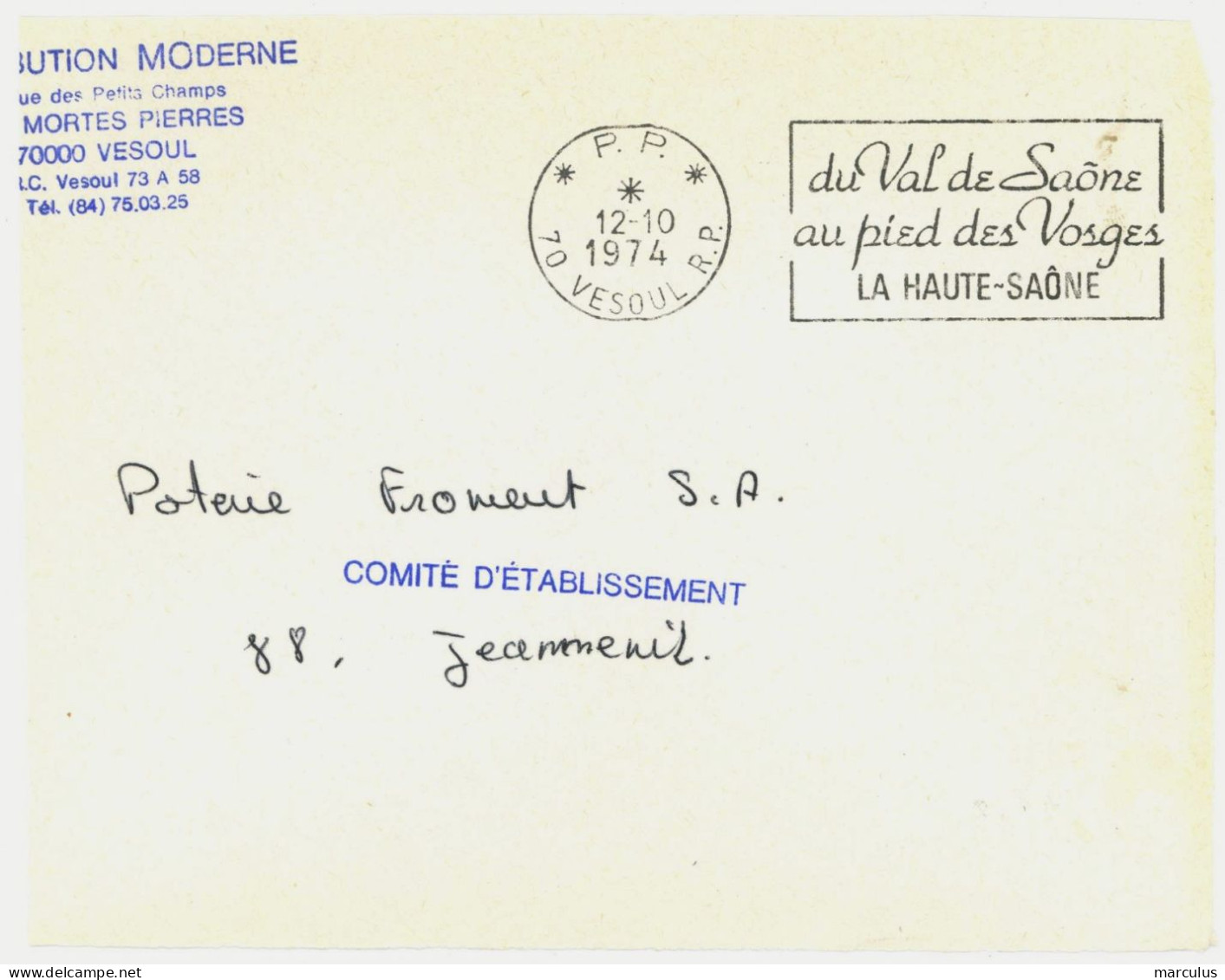 P. P. 70 VESOUL R. P. : DU VAL DE SAONE ...  Port Payé - Mechanical Postmarks (Advertisement)