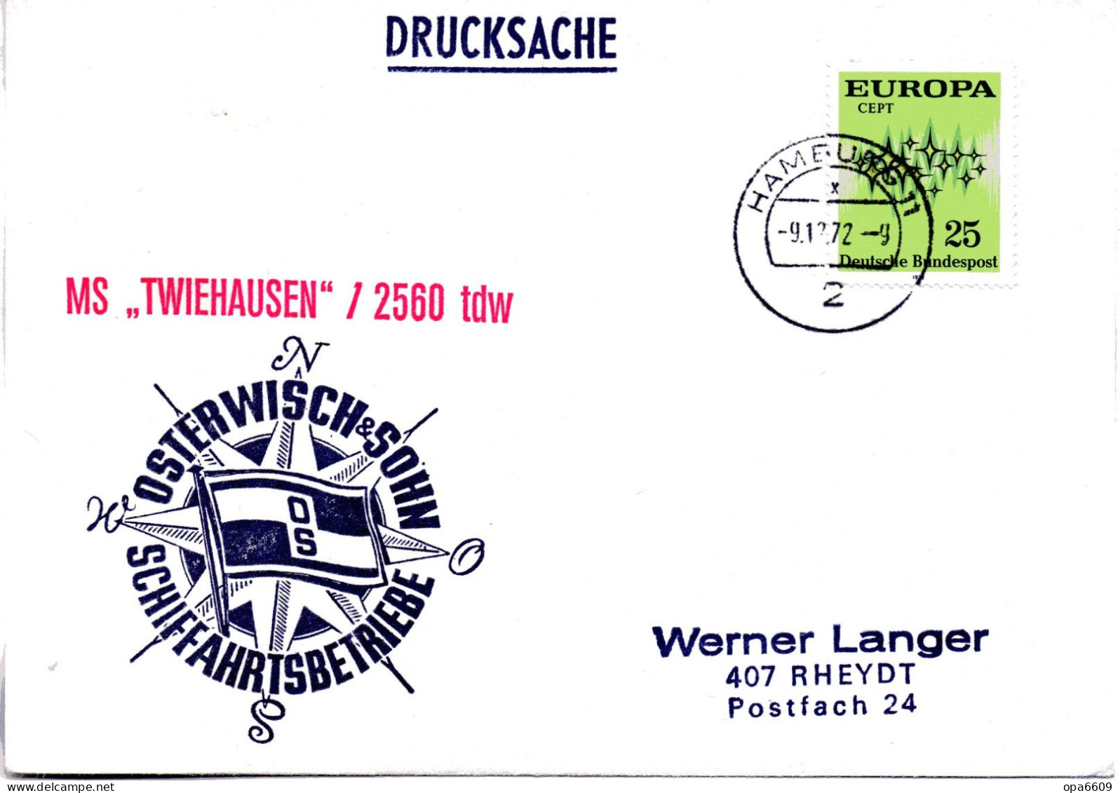 (L 6) Cachetumschlag "SCHIFFAHRTSBETRIEBE OSTERWISCH&SOHN - MS. "TWINHAUSEN/2560 Tdw - EF BRD TST 9.12.72 HAMBURG - Maritiem