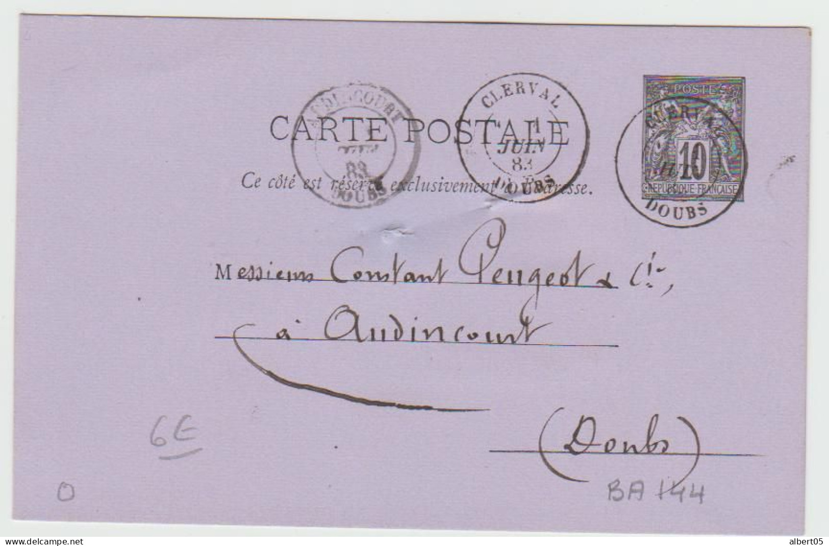 Entier Sage 10c Gris De Clerval Pour Audincourt - Tàd Type 17 1er Juin 1883 - 1877-1920: Période Semi Moderne