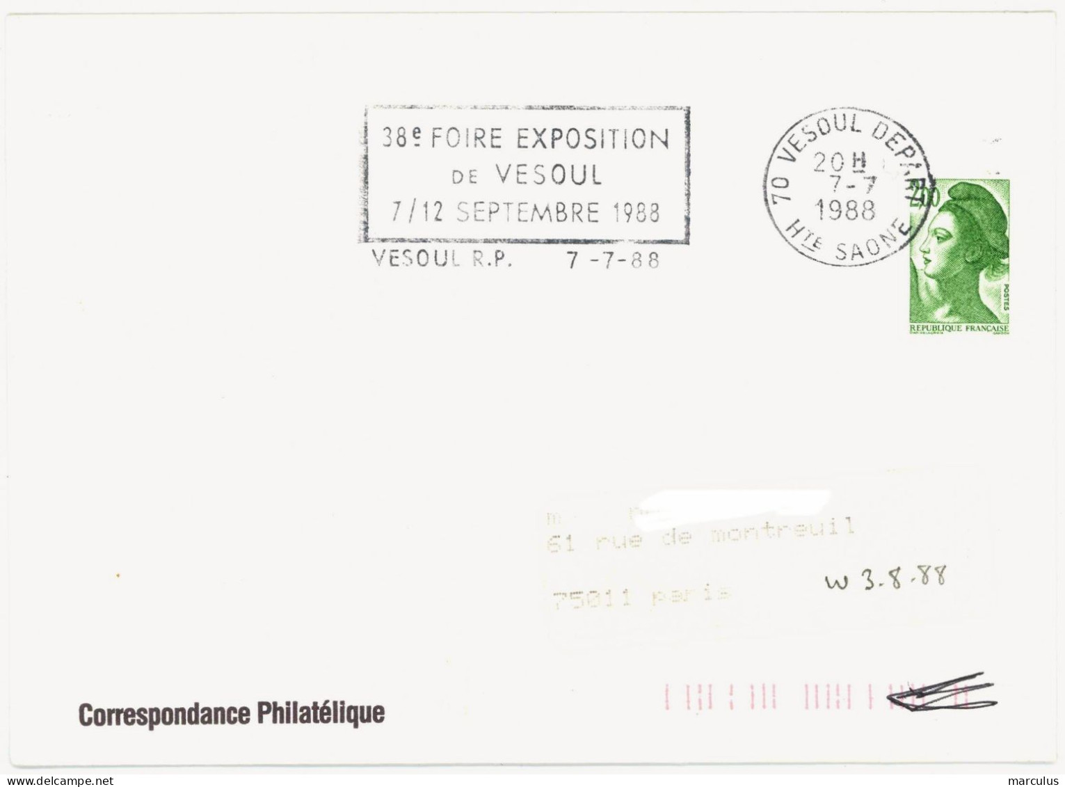 70 VESOUL DEPART Hte SAONE 1988 : 38e FOIRE EXPOSITION ... - Mechanical Postmarks (Advertisement)