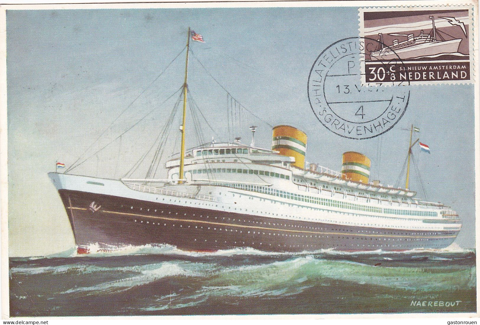 Carte Maximum Pays Bas 1957 Bateau Ship Nieuw Amsterdam Paquebot - Cartas Máxima