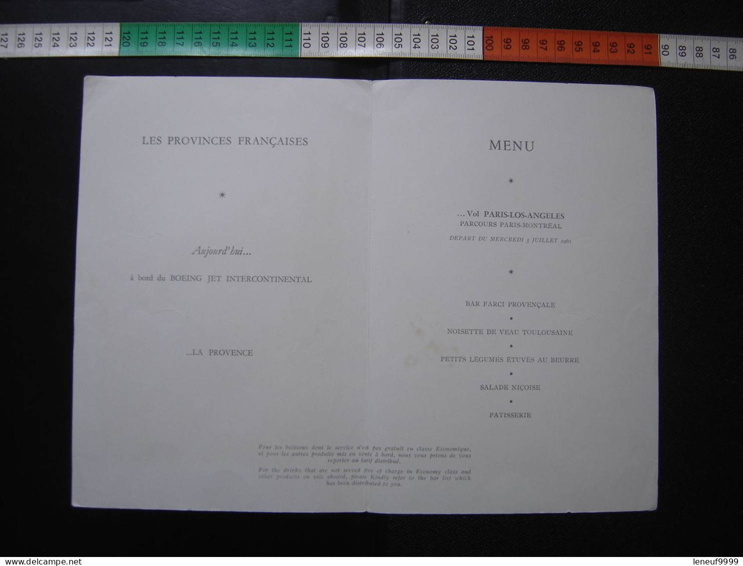 Menu AIR FRANCE Paris Los Angeles 1961 Boeing Jet Intercontinental LA PROVENCE - Menus