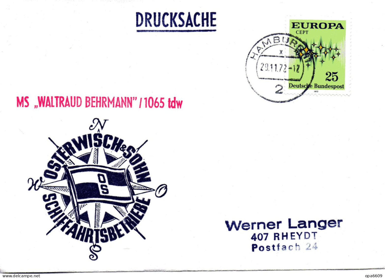 (L 6) Cachetumschlag "SCHIFFAHRTSBETRIEBE OSTERWISCH&SOHN - MS. "WALTRAUD BEHRMANN/1065 Tdw - EF BRD TST 9.11.72 HAMBURG - Maritime