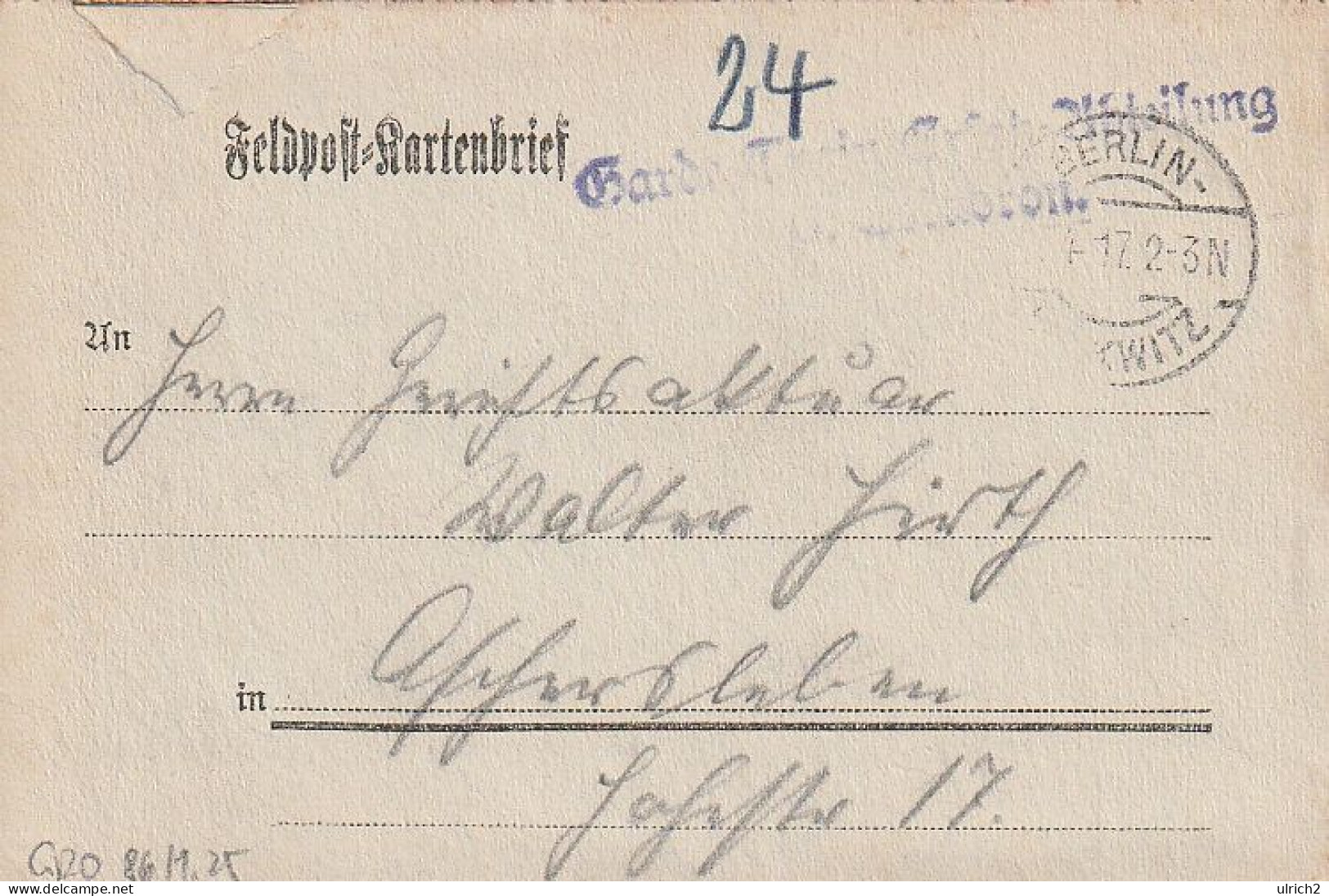 Feldpost-Kartenbrief - Garde-Train-Ersatz-Abtlg. - Berlin 1917 (69358) - Storia Postale