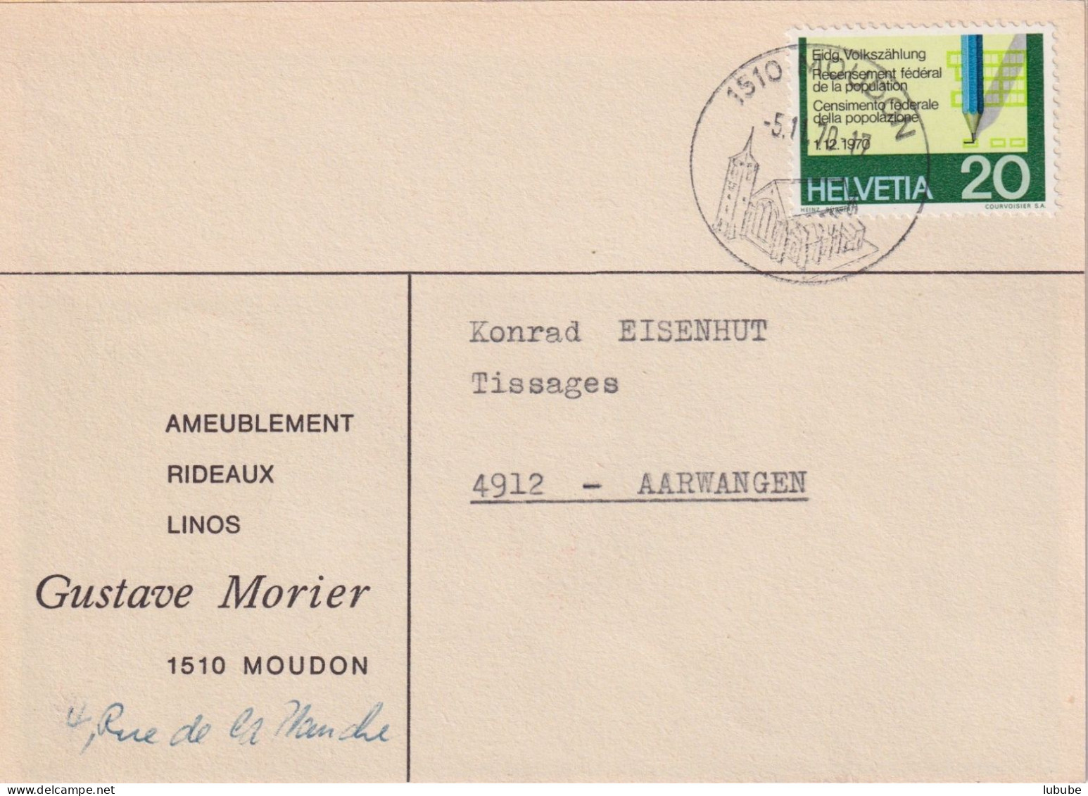 Motiv Karte  "Morier, Ameublement Rideaux Linos, Moudon"  (Werbedatumstempel)      1970 - Briefe U. Dokumente