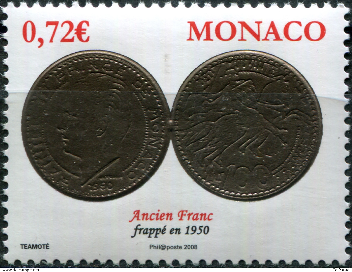 MONACO - 2008 - STAMP MNH ** - Coins - 100 Francs; Rainier III (1950) - Unused Stamps