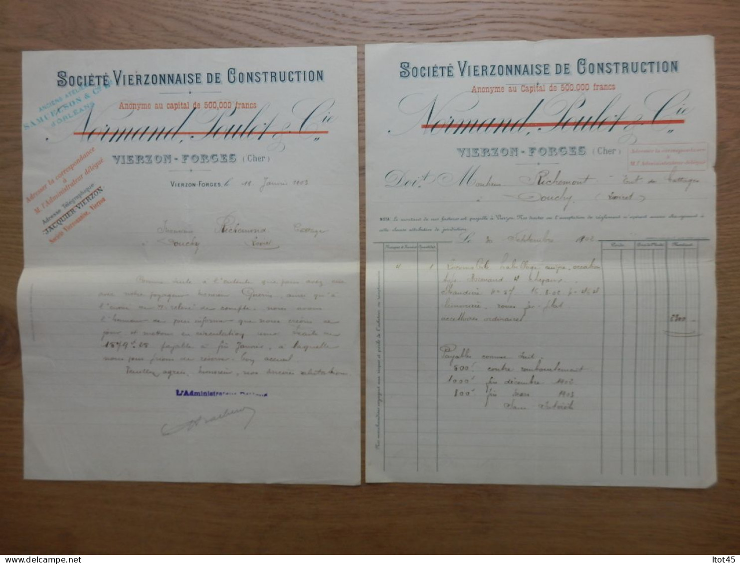 LOT DE 2 FACTURE ET LETTRE NORMAND POULET & Cie SOCIETE VIERZONNAISE DE CONSTRUCTION VIERZON-FORGES 1902 - 1900 – 1949