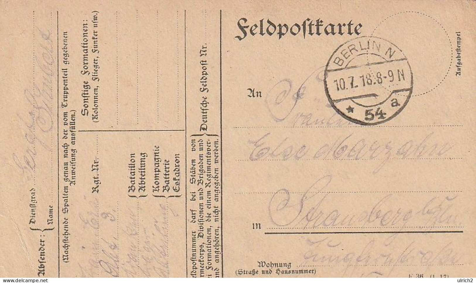 Feldpostkarte - Train-Ersatz-Abt. 3. Krankenträgerabtlg. - Berlin 1918 (69360) - Brieven En Documenten