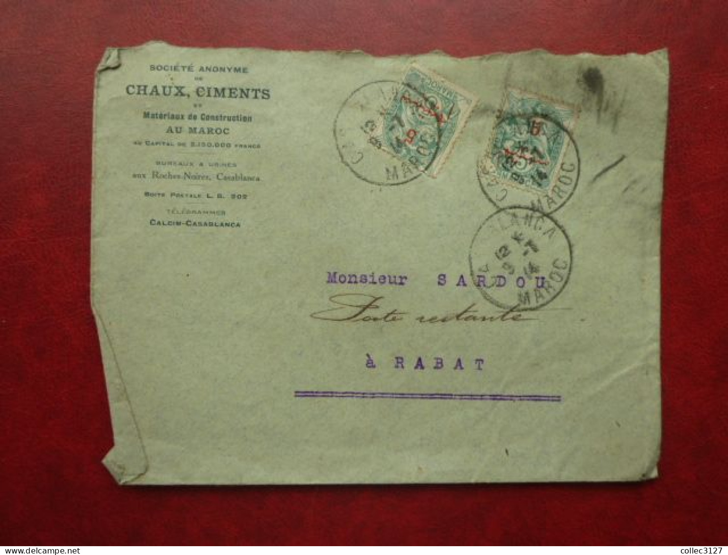 LF1 - Affranchissement Par  Deux YT 28 Sur Enveloppe à En-tête Société Chaux, Ciments - Casablanca - 1914 - Cartas & Documentos