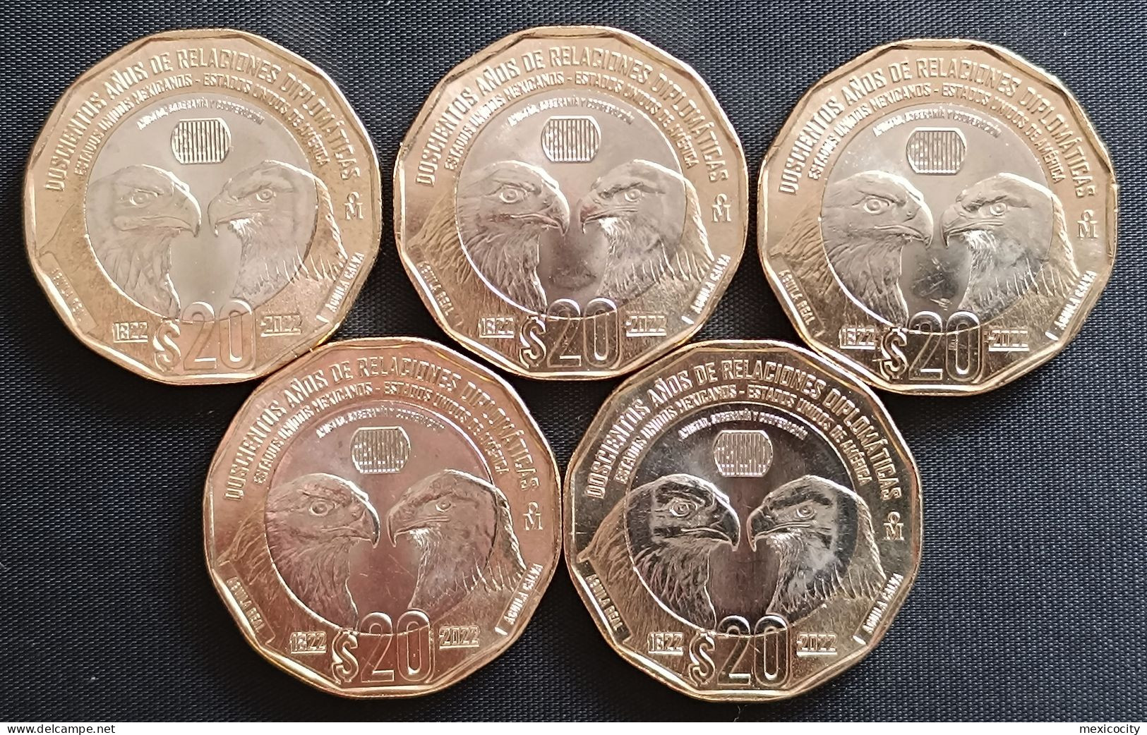 MEXICO 2023 + 5 COIN LOT + $20 COIN - "TWO EAGLES - DIPLOMATIC RELATIONS" - BIMETALLIC Ltd. Ed. - México