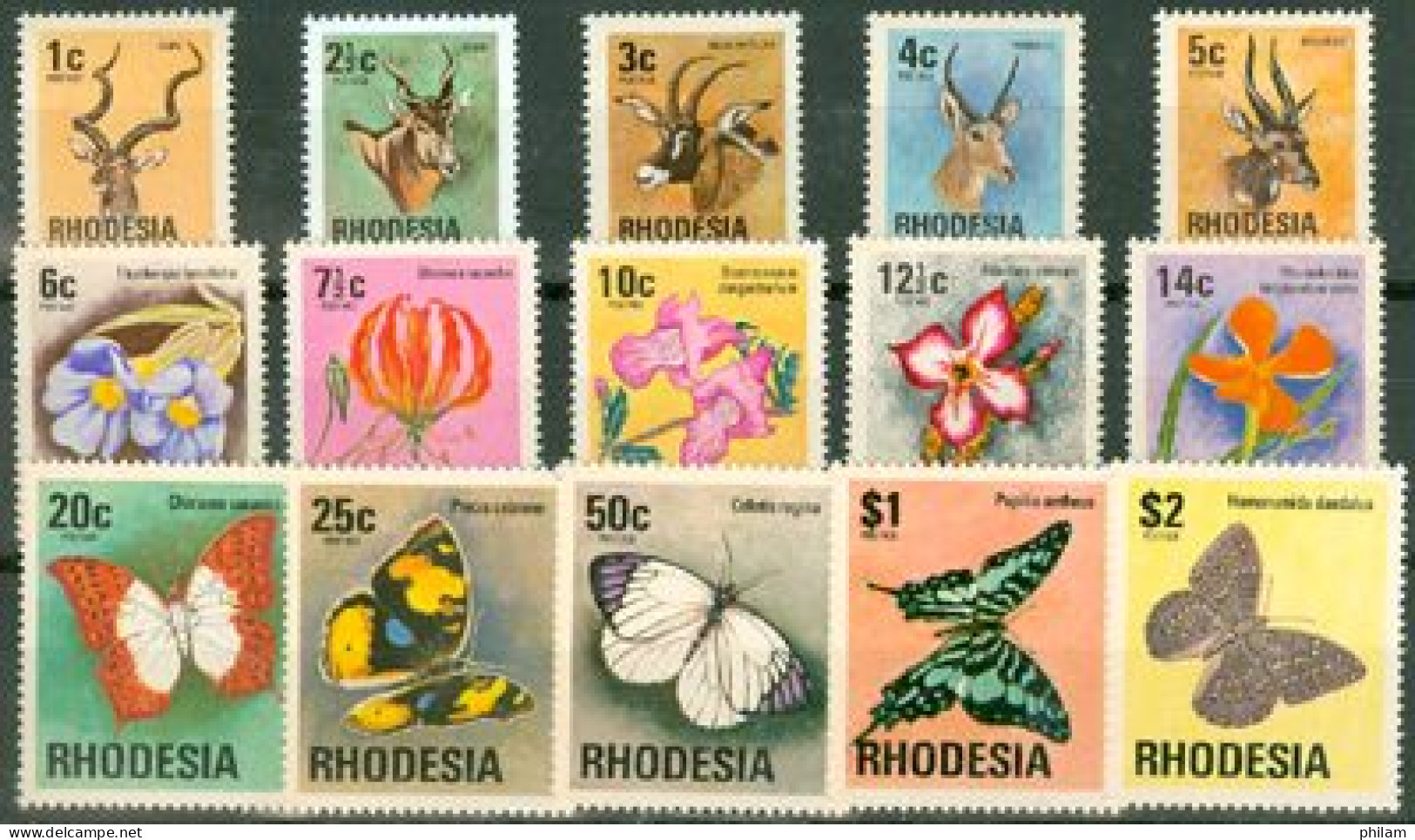 RHODESIE 1974 - Faune Et Flore - Cervidés-fleurs-papillons 15 V. - Rhodesië (1964-1980)