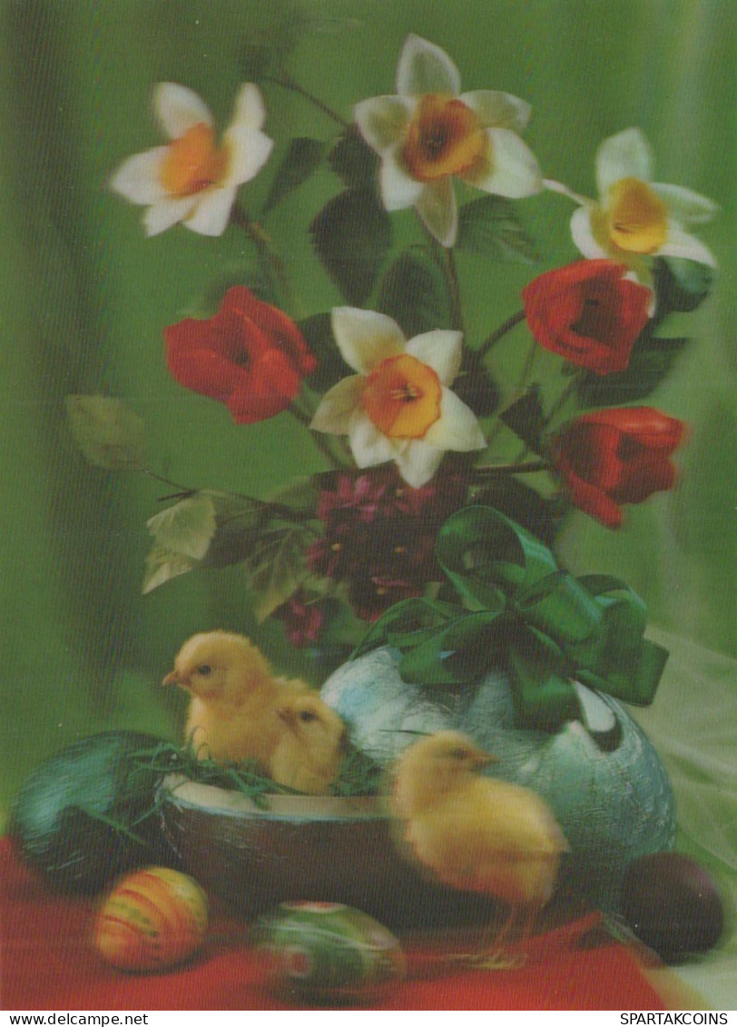 PASCUA POLLO HUEVO FLORES LENTICULAR 3D Vintage Tarjeta Postal CPSM #PAZ016.A - Ostern