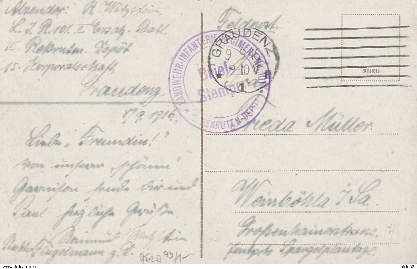 AK Graudenz - Grudziądz - Partie An Der Weichsel - Feldpost Landw.-Inf.-Regt. 101 Rekruten-Depot - 1916 (69362) - Pommern