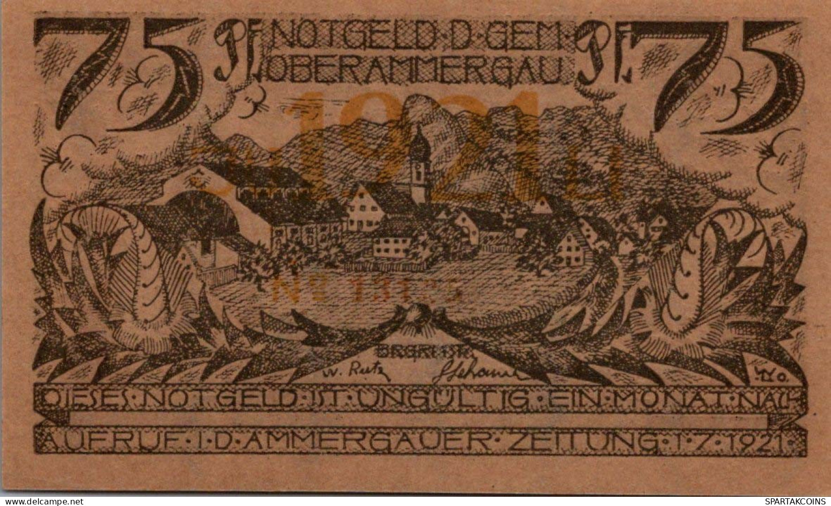 75 PFENNIG 1921 Stadt OBERAMMERGAU Bavaria UNC DEUTSCHLAND Notgeld #PJ177 - Lokale Ausgaben