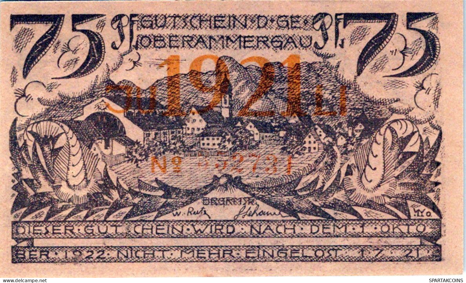 75 PFENNIG 1921 Stadt OBERAMMERGAU Bavaria UNC DEUTSCHLAND Notgeld #PH271 - Lokale Ausgaben