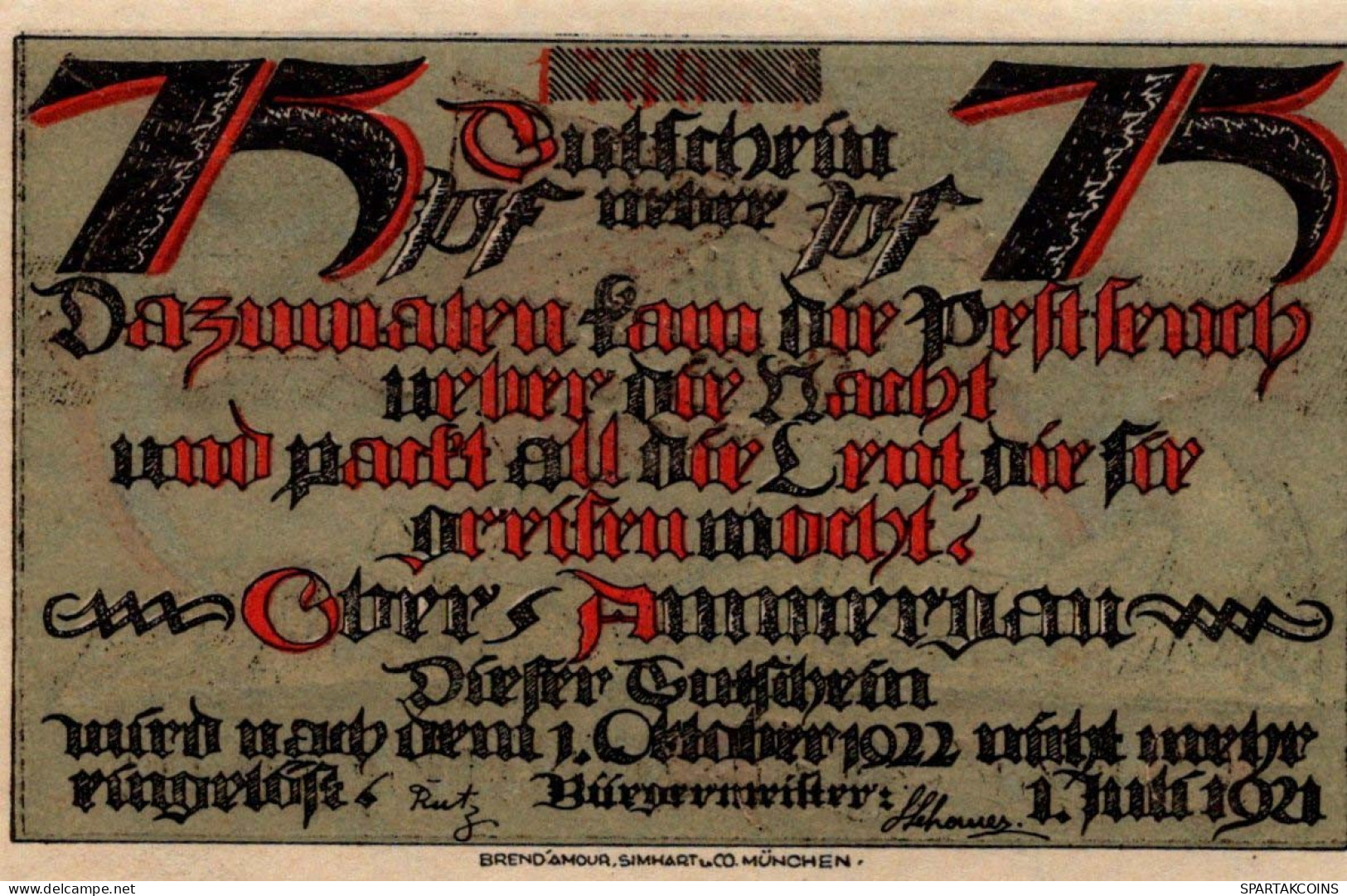 75 PFENNIG 1921 Stadt OBERAMMERGAU Bavaria DEUTSCHLAND Notgeld Banknote #PD441 - Lokale Ausgaben
