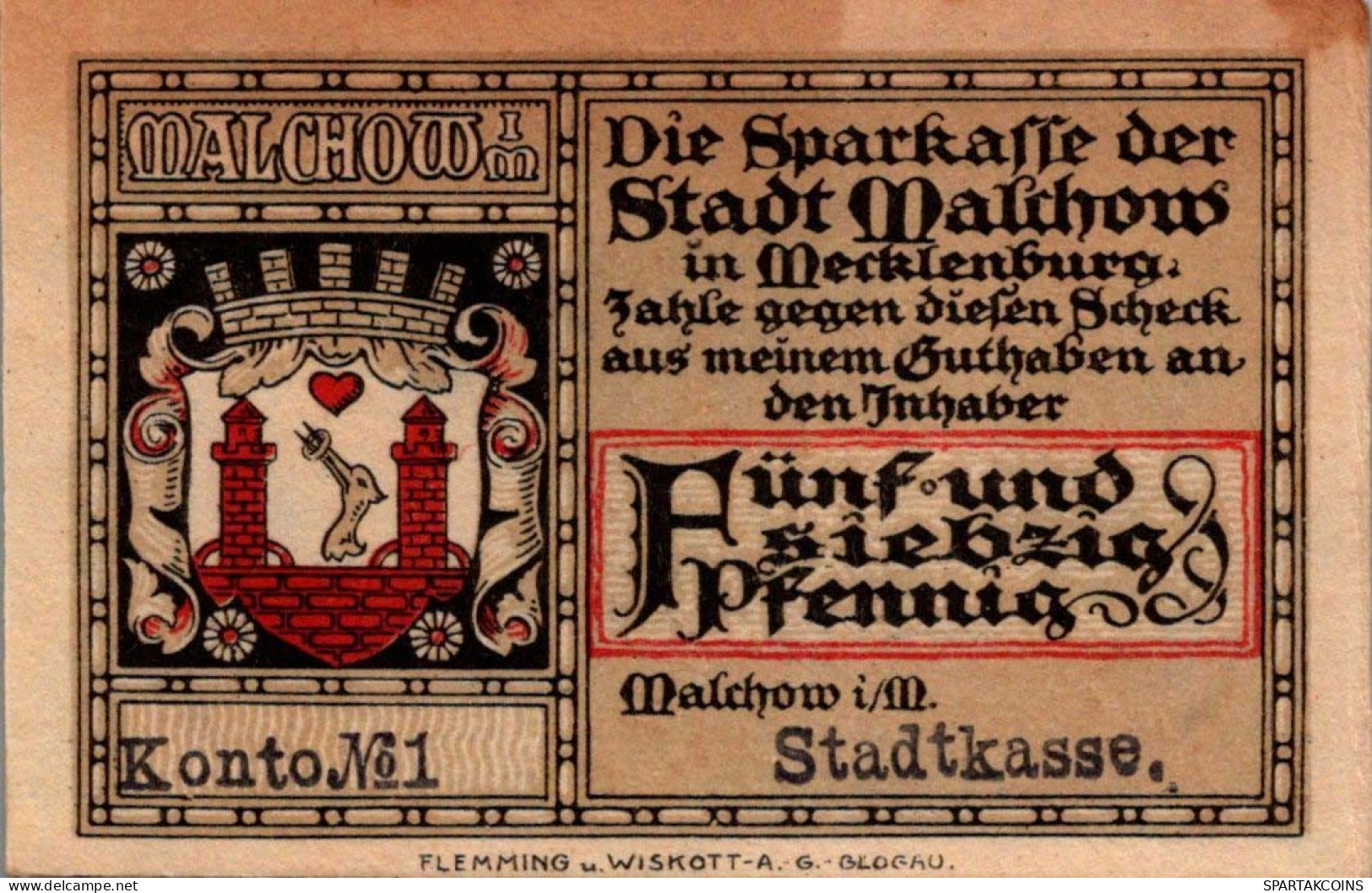 75 PFENNIG 1921 Stadt MALCHOW Mecklenburg-Schwerin UNC DEUTSCHLAND #PI714 - Lokale Ausgaben