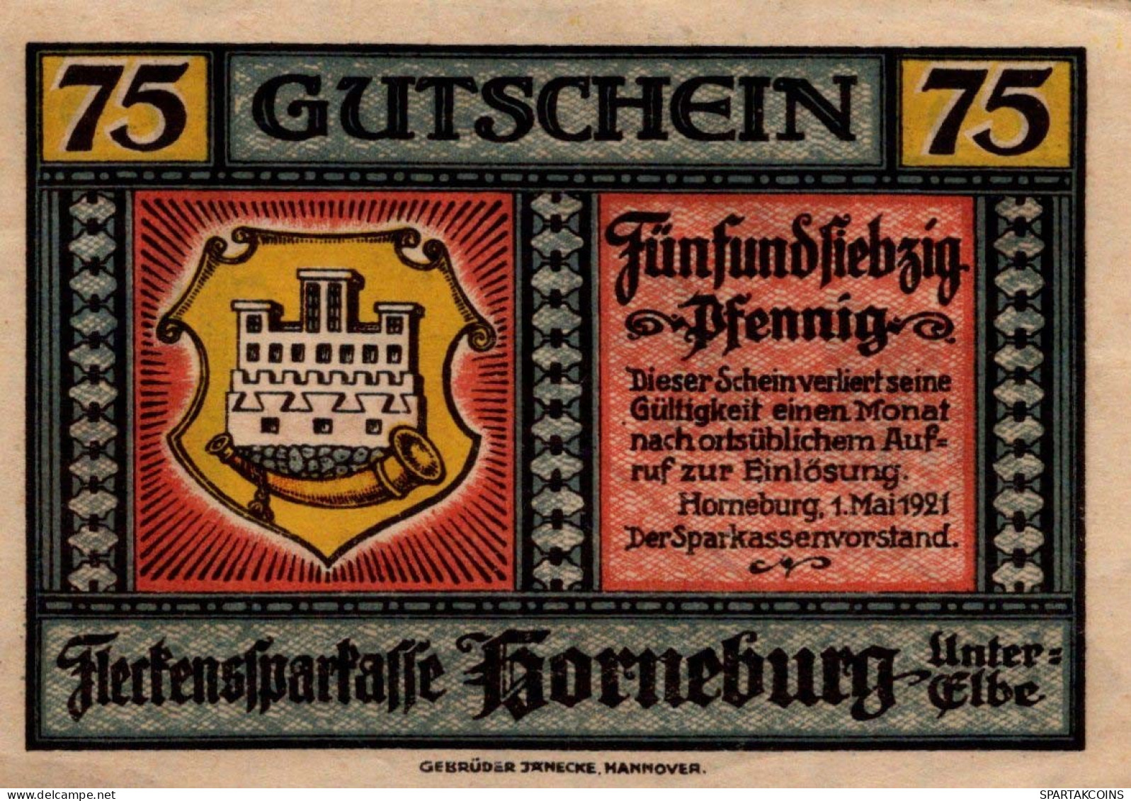 75 PFENNIG 1921 Stadt HORNEBURG Hanover DEUTSCHLAND Notgeld Banknote #PF864 - Lokale Ausgaben