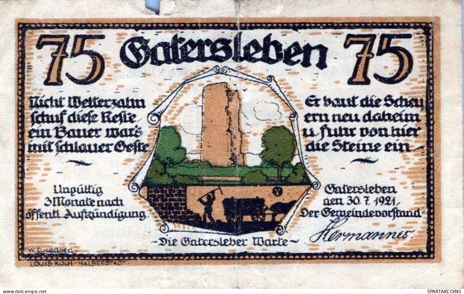 75 PFENNIG 1921 Stadt GATERSLEBEN Saxony UNC DEUTSCHLAND Notgeld Banknote #PH179 - [11] Emissions Locales