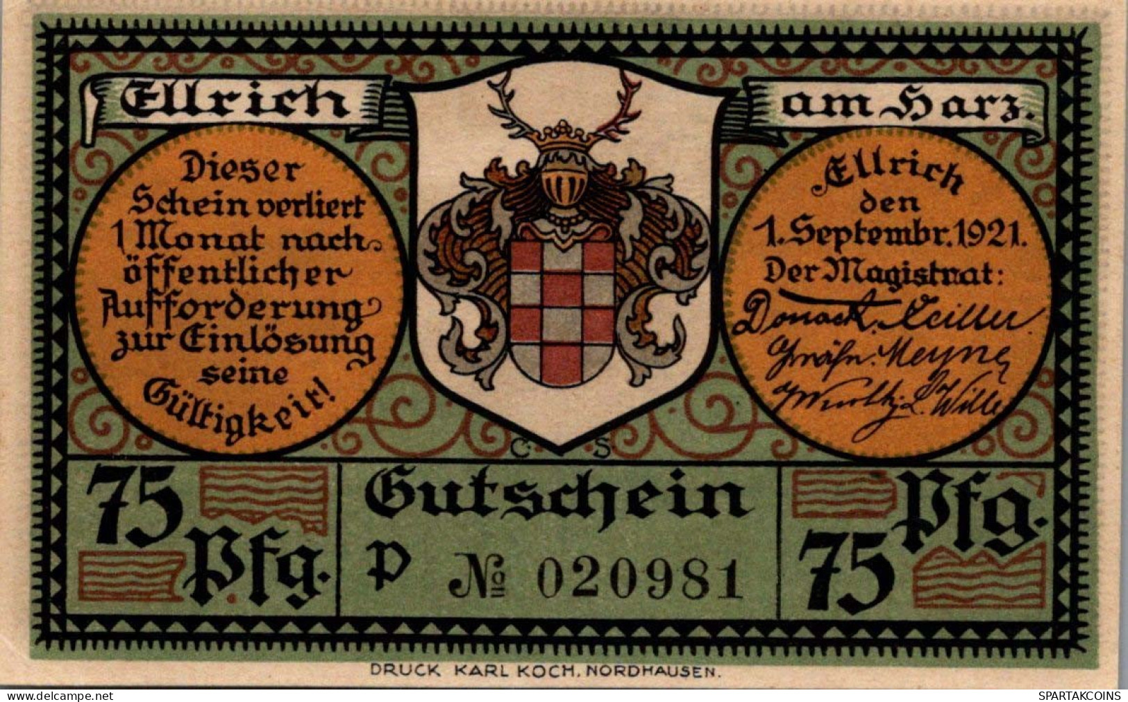 75 PFENNIG 1921 Stadt ELLRICH Saxony UNC DEUTSCHLAND Notgeld Banknote #PB200 - [11] Emissioni Locali