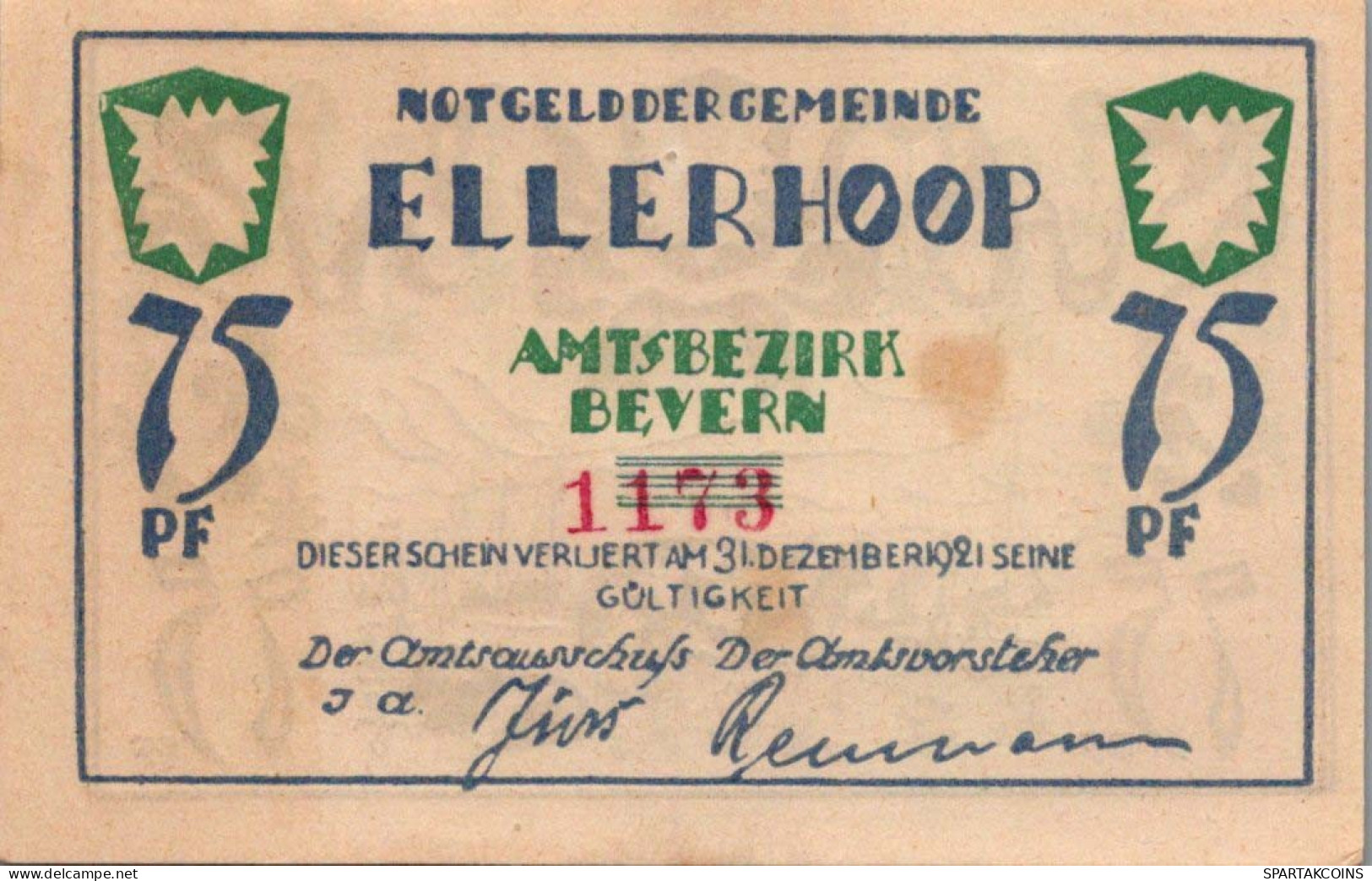 75 PFENNIG 1921 Stadt ELLERHOOP Schleswig-Holstein UNC DEUTSCHLAND #PB194 - [11] Emissions Locales