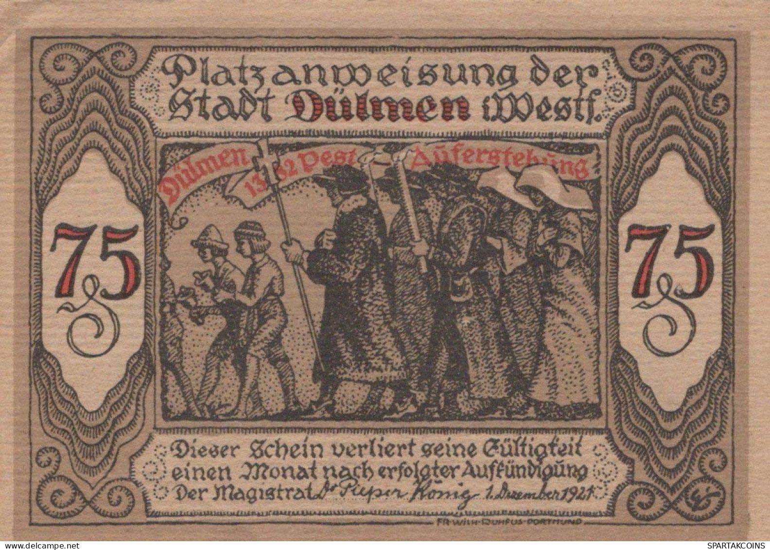 75 PFENNIG 1921 Stadt DÜLMEN Westphalia UNC DEUTSCHLAND Notgeld Banknote #PH528 - [11] Emissioni Locali