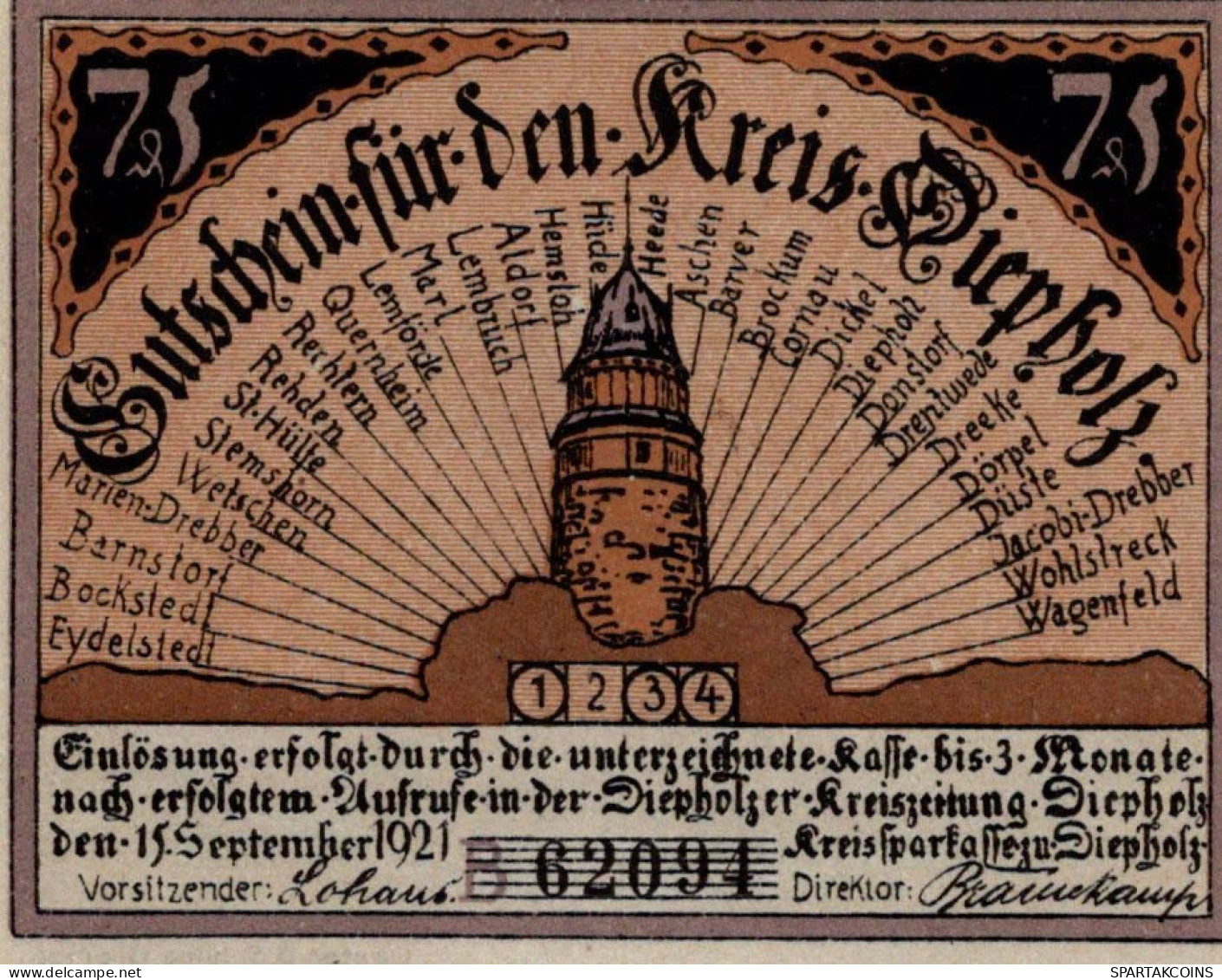 75 PFENNIG 1921 Stadt DIEPHOLZ Hanover UNC DEUTSCHLAND Notgeld Banknote #PA457 - [11] Local Banknote Issues