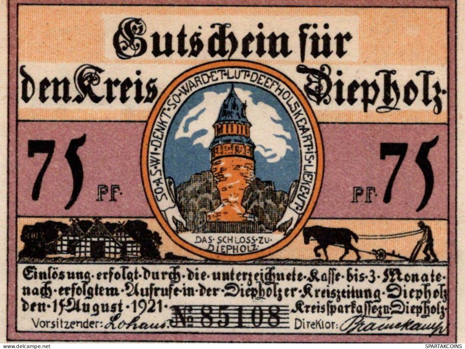 75 PFENNIG 1921 Stadt DIEPHOLZ Hanover UNC DEUTSCHLAND Notgeld Banknote #PA453 - [11] Local Banknote Issues