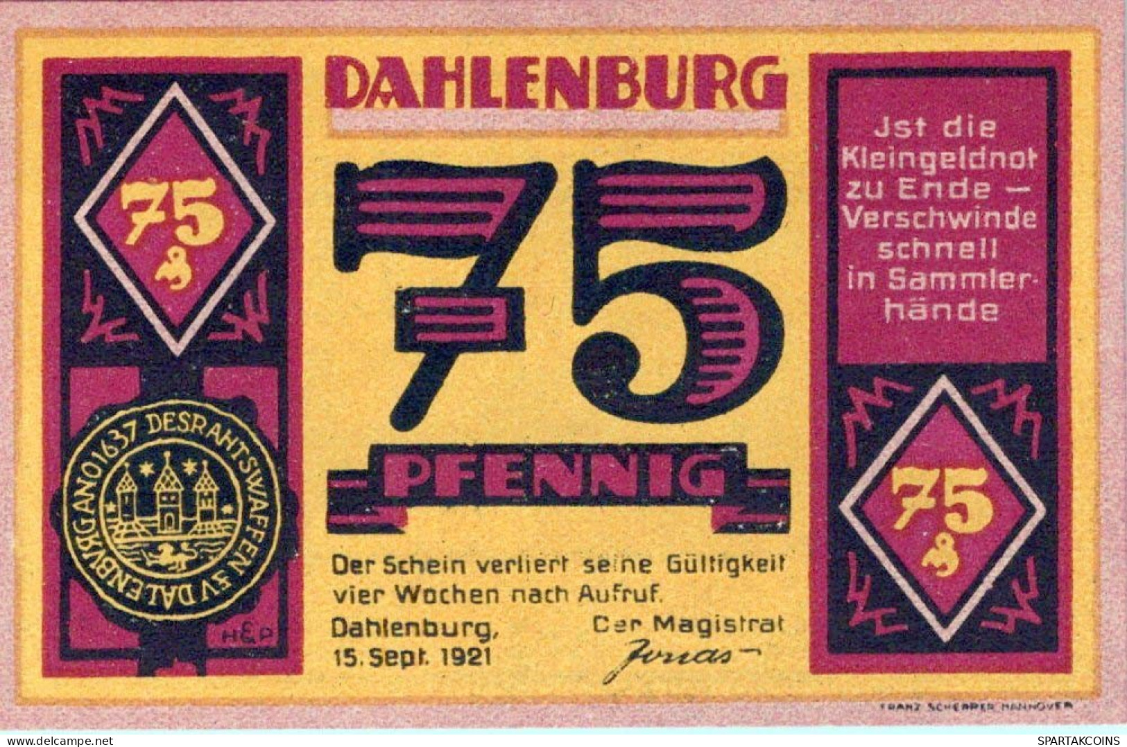 75 PFENNIG 1921 Stadt DAHLENBURG Hanover UNC DEUTSCHLAND Notgeld Banknote #PI517 - [11] Emissioni Locali