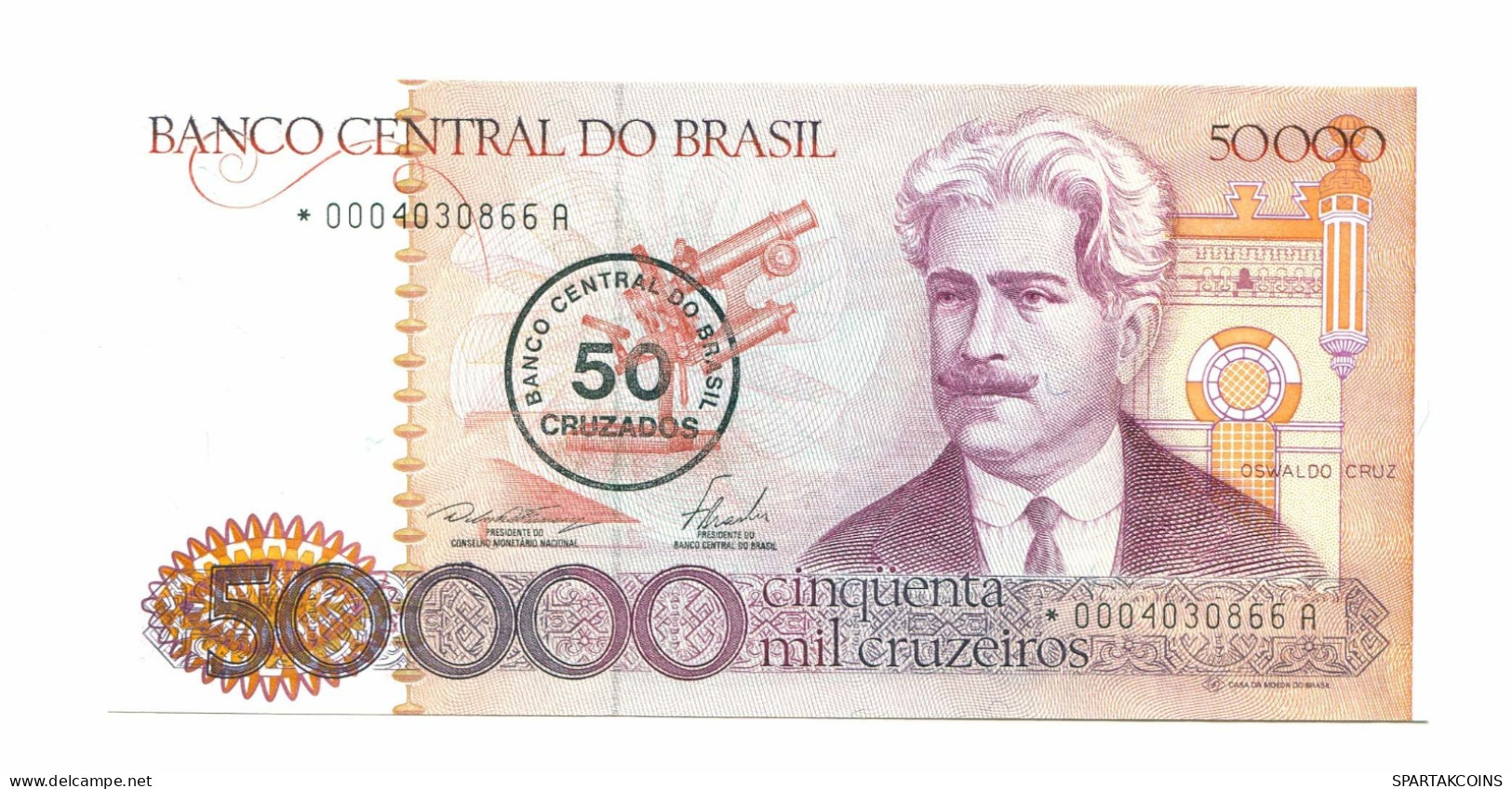 BRAZIL REPLACEMENT NOTE Star*A 50 CRUZADOS ON 50000 CRUZEIROS 1986 UNC P10999.6 - Lokale Ausgaben