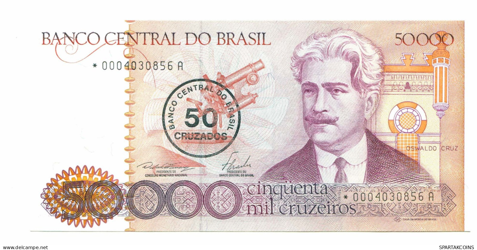 BRAZIL REPLACEMENT NOTE Star*A 50 CRUZADOS ON 50000 CRUZEIROS 1986 UNC P10989.6 - [11] Local Banknote Issues