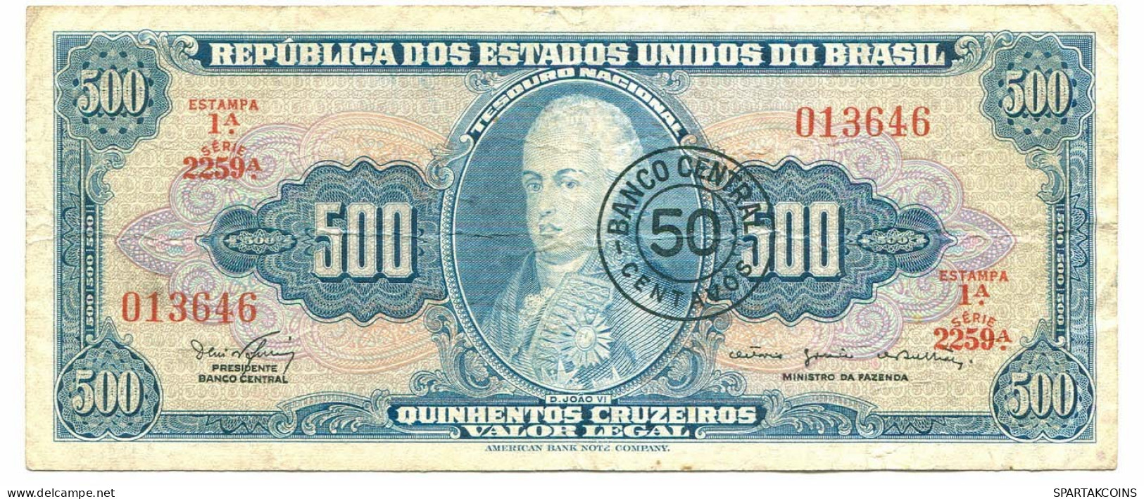 BRASIL 500 CRUZEIROS 1960 SERIE 1195A Paper Money Banknote #P10863.4 - [11] Local Banknote Issues
