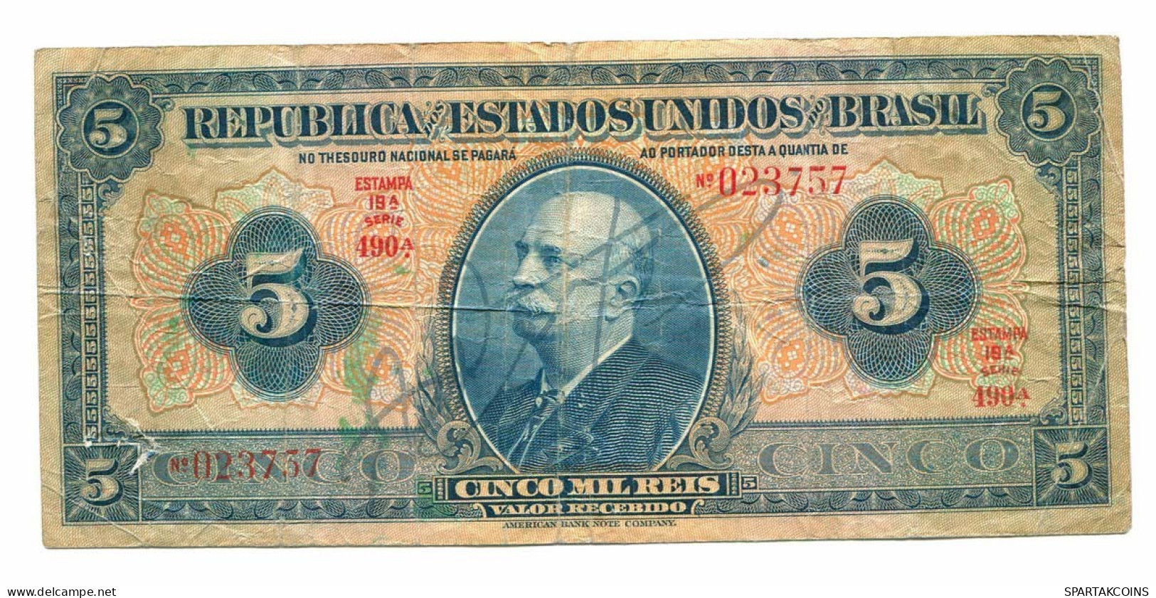 BRASIL 5 REIS 1925 SERIE 490A Hand Signed P 125 Paper Money #P10820.4 - [11] Emissioni Locali