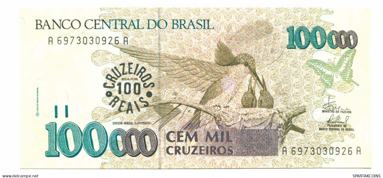 BRASIL 100000 CRUZEIROS 1993 UNC Paper Money Banknote #P10891.4 - [11] Local Banknote Issues