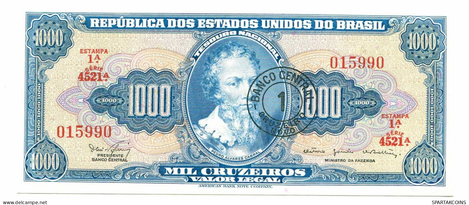 BRASIL 1000 CRUZEIROS 1963 SERIE 4521A UNC Paper Money Banknote #P10869.4 - [11] Local Banknote Issues