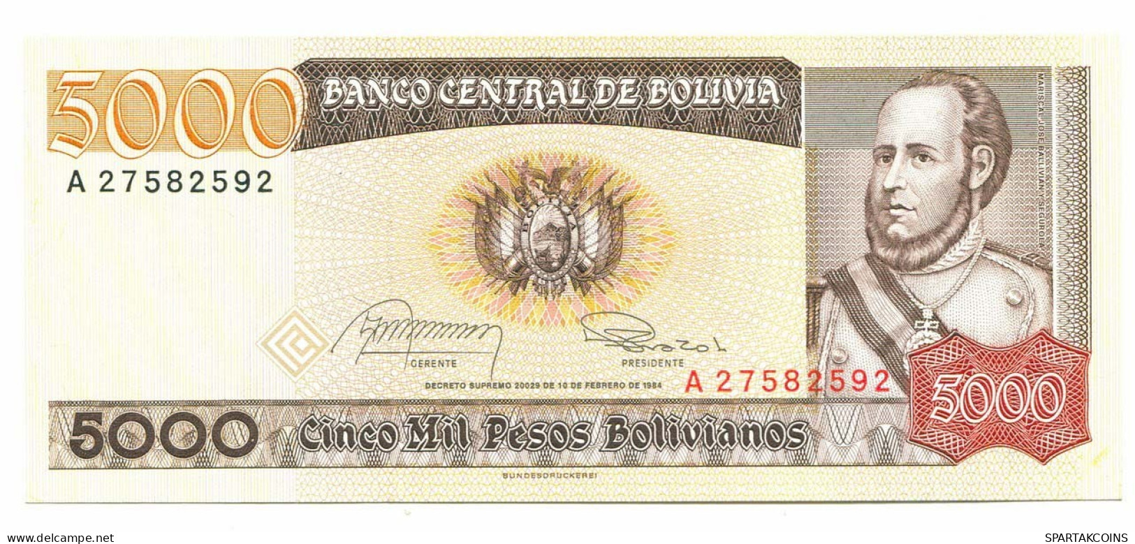 BOLIVIA 5000 PESOS BOLIVIANOS 1984 AUNC Paper Money Banknote #P10810.4 - [11] Emissioni Locali