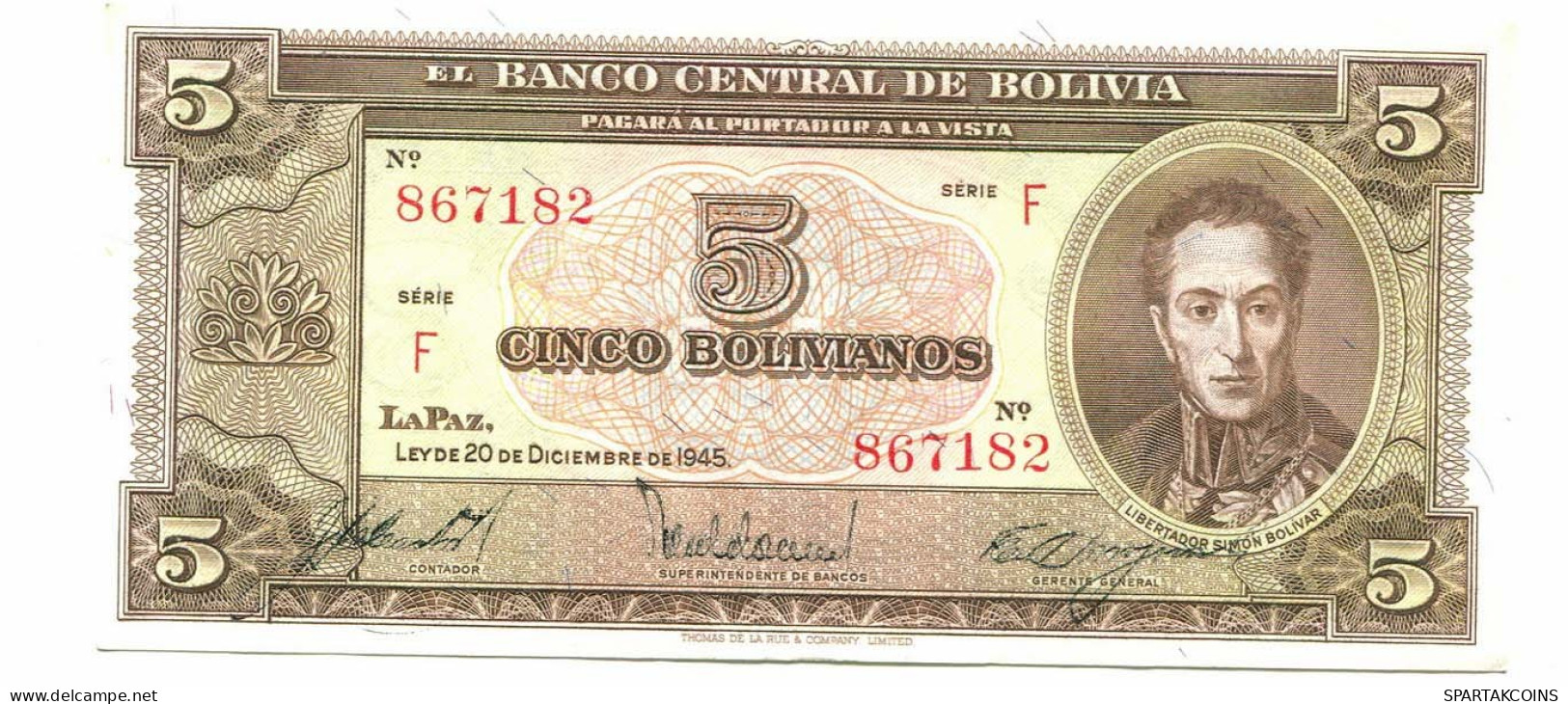 BOLIVIA 5 BOLIVIANOS 1945 SERIE F AUNC Paper Money Banknote #P10789.4 - [11] Emissions Locales
