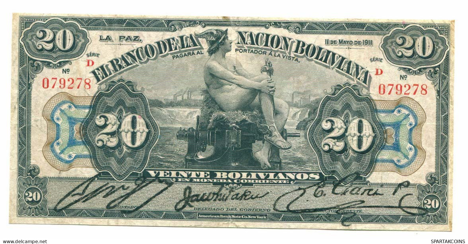 BOLIVIA 20 BOLIVIANOS 1911 SERIE D Paper Money Banknote #P10795.4 - [11] Local Banknote Issues