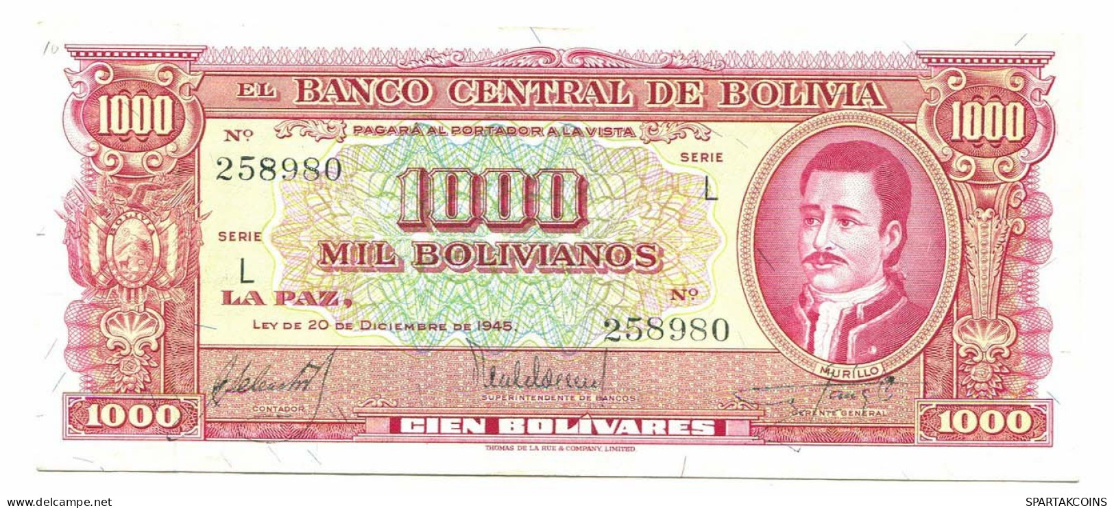 BOLIVIA 1000 BOLIVIANOS 1945 SERIE L AUNC Paper Money Banknote #P10806.4 - Lokale Ausgaben