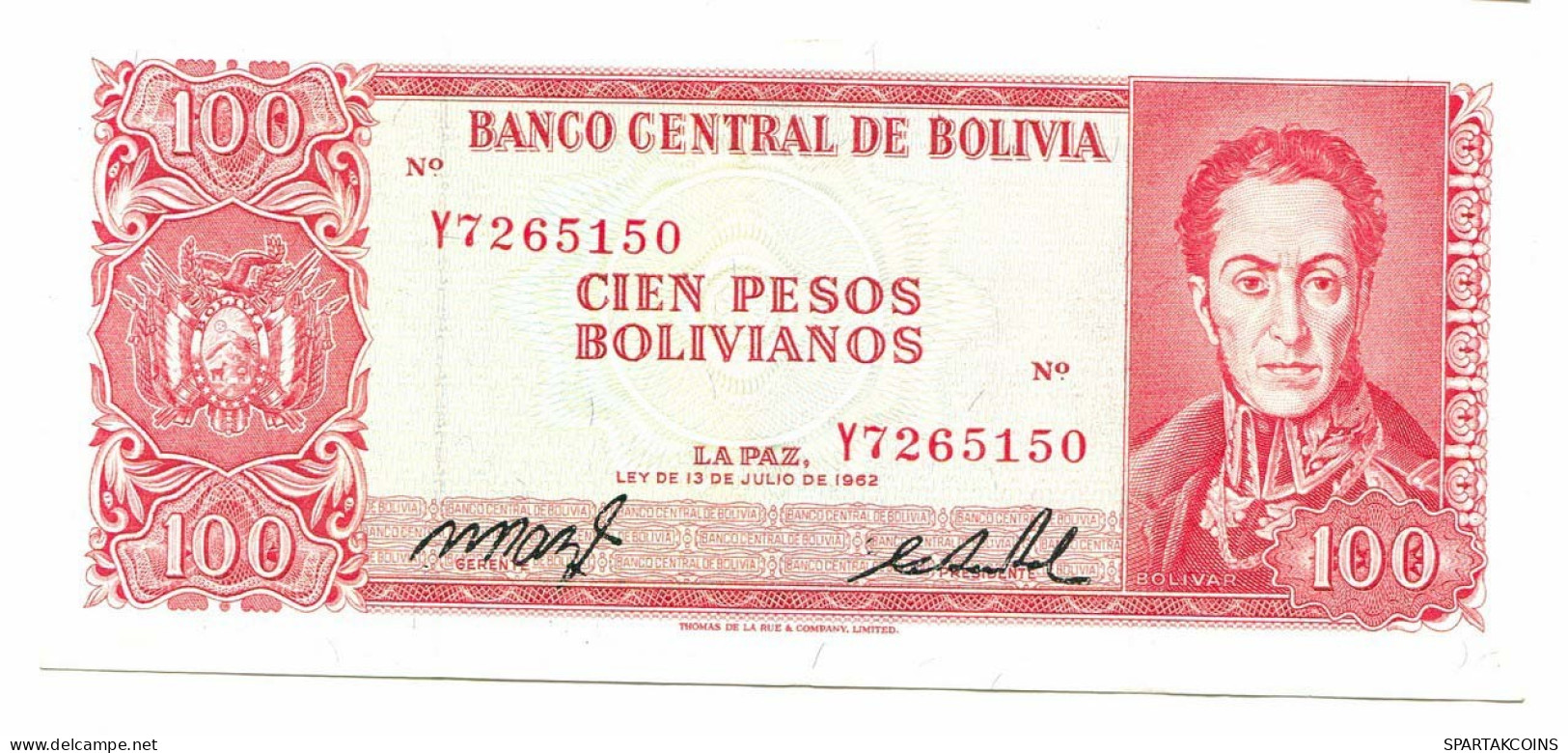 BOLIVIA 100 PESOS BOLIVIANOS 1962 AUNC Paper Money Banknote #P10803.4 - Lokale Ausgaben