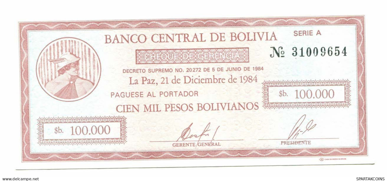 BOLIVIA 100 000 PESOS BOLIVIANOS 1984 SERIE A AUNC Paper Money #P10817.4 - Lokale Ausgaben