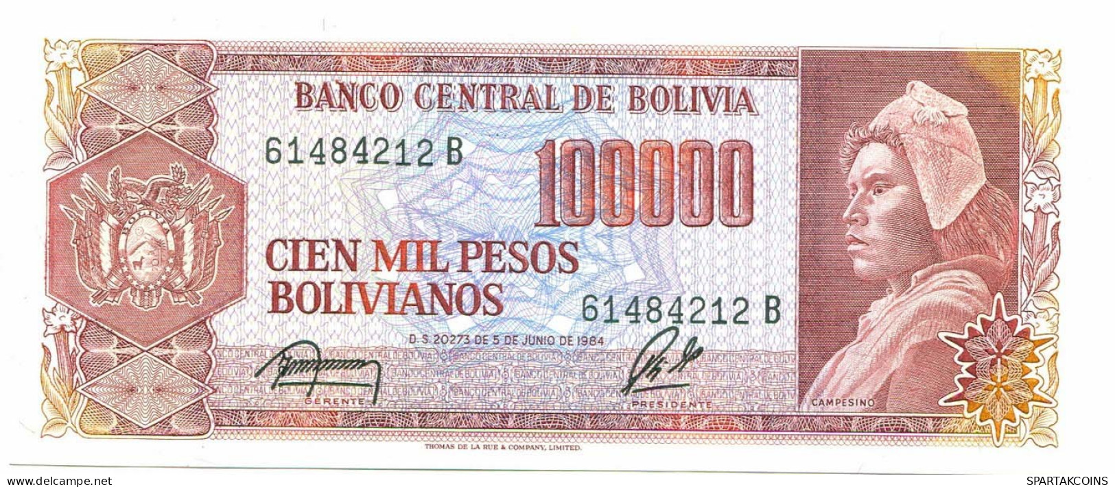 BOLIVIA 100 000 PESOS BOLIVIANOS 1984 AUNC Paper Money Banknote #P10816.4 - Lokale Ausgaben