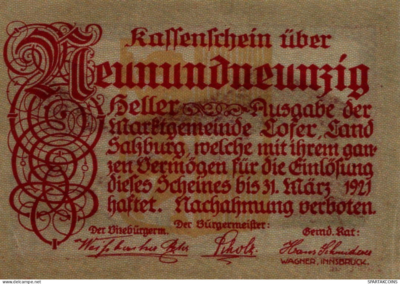 99 HELLER 1918-1921 Stadt LOFER Salzburg Österreich Notgeld Banknote #PD793 - [11] Lokale Uitgaven