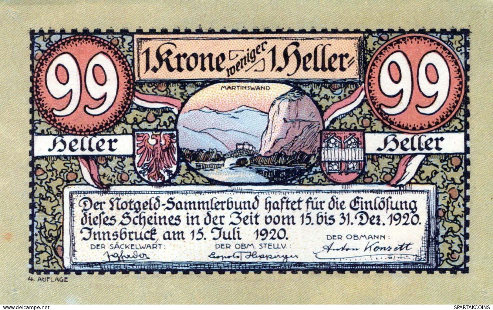 99 HELLER 1920 Stadt INNSBRUCK Tyrol Österreich Notgeld Banknote #PD870 - [11] Local Banknote Issues