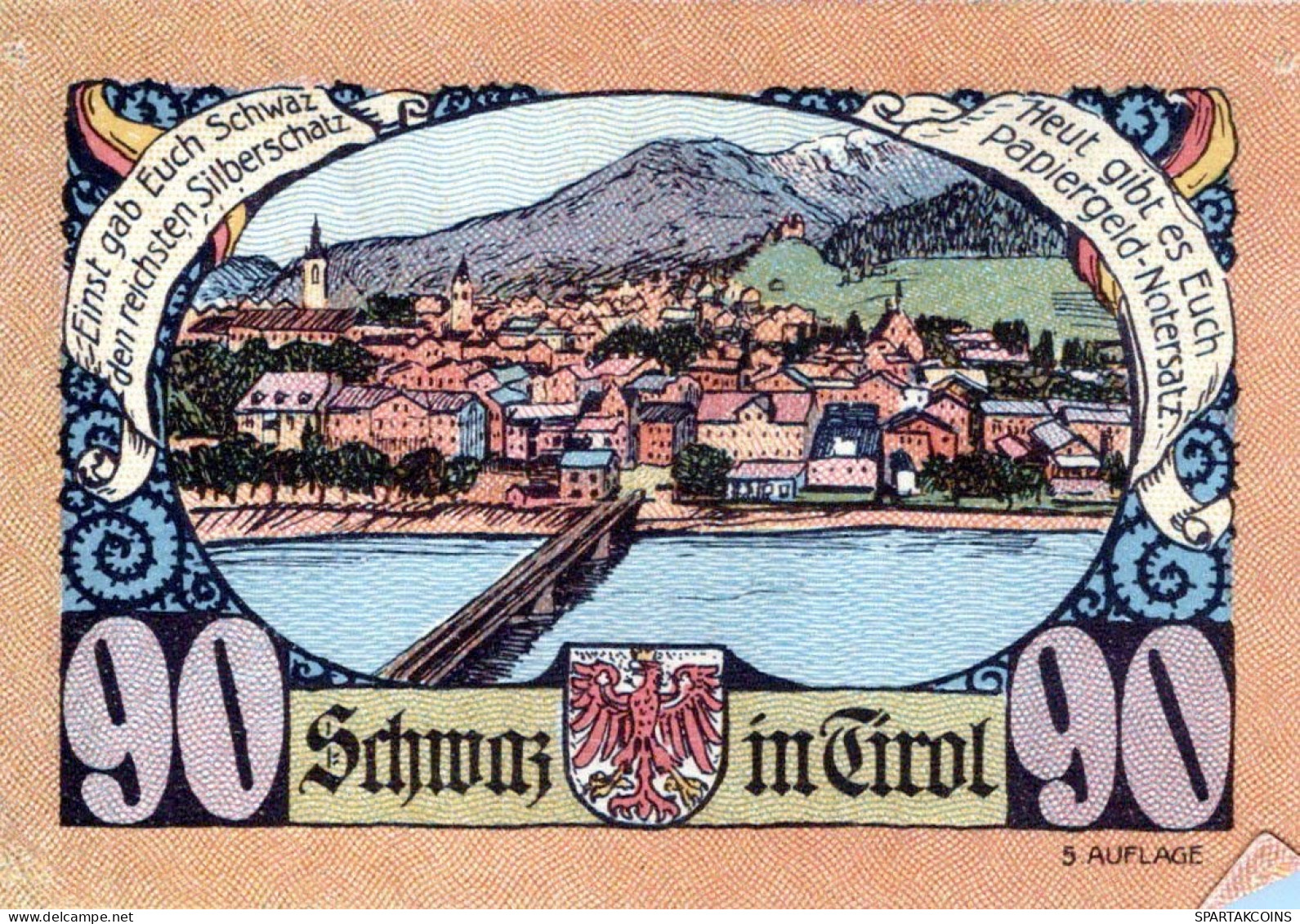 90 HELLER 1921 Stadt SCHWAZ Tyrol UNC Österreich Notgeld Banknote #PH040 - [11] Lokale Uitgaven